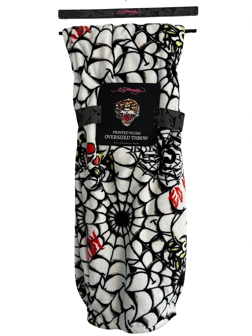 Ed Hardy Oversized Plush Throw Blanket Spiderweb Skull Tattoo Print